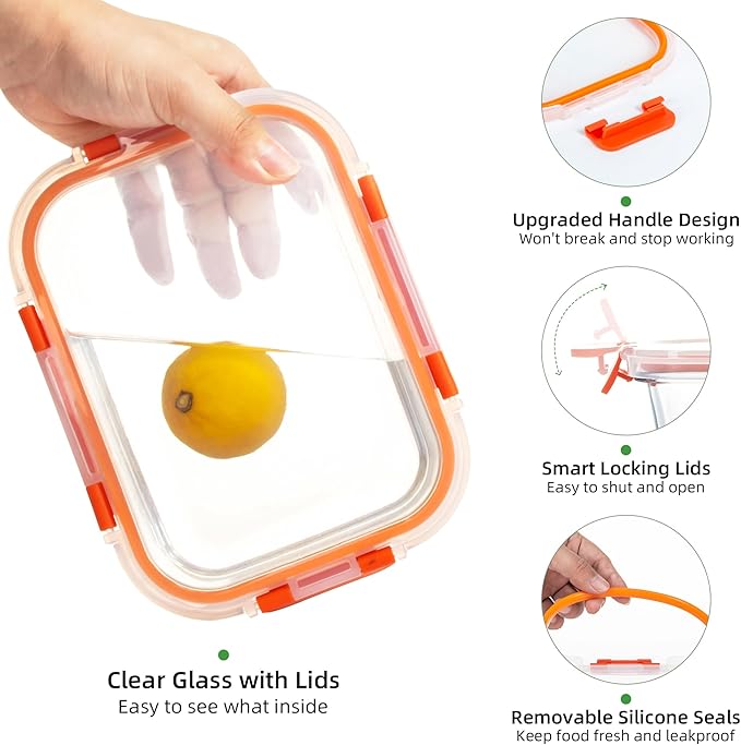UMEIED 10 PACK Glass Food Storage Containers with Leak Proof Lids, Glass Airtight Meal Prep Containers Set for Lunch, On the Go, Leftover, Kitchen Pantry Organizers and Storage (Orange)