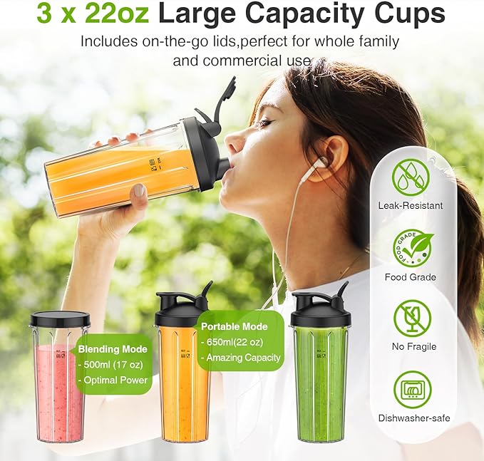 KOIOS Blender for Smoothies,Personal Blender for Shakes and Smoothies with 3 * 22oz To-Go Cups,22000 RPM Smoothie Maker,Detachable 6-leaf Blade Portable Blenders for kitchen,Black