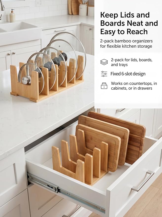 2 Pack Bamboo Pot Lid Organizer Rack, 14" x 7" x 5" Bamboo Pan Lid Holder with 2" Spacing Dividers, Keeps Lids Upright, Pot Lid Organizer for Drawer & Cabinet, Caraway Lid Organizer