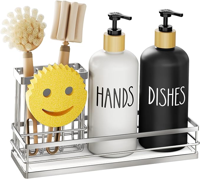 Moforoco Kitchen Dish Soap Dispenser Set, 16OZ Glass Bottle, Hand and Dish Soap Dispenser Set, Instant Dry Tray, Brush Holder with Smiley Face Sponge Holder (Silver Tray+Black&White Bottle)