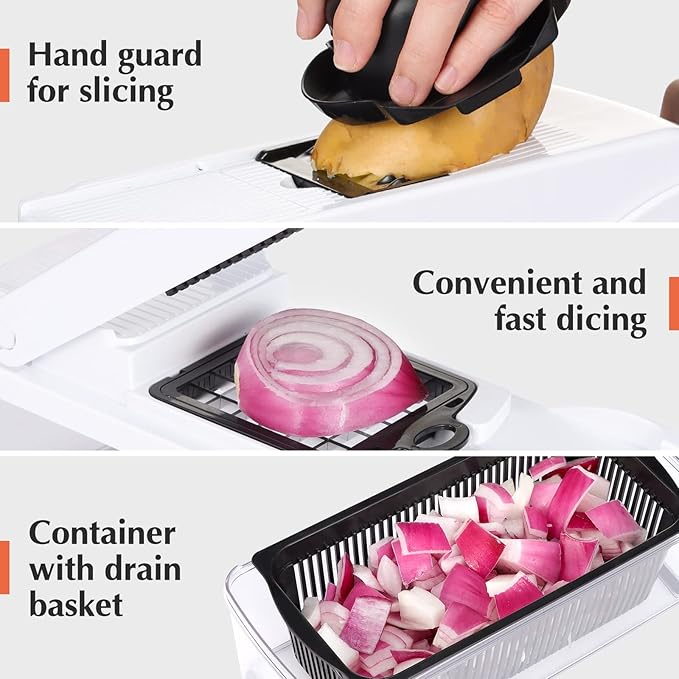 KEOUKE Vegetable Chopper Mandoline Slicer Pro - 16 in 1 Interchangeable Blades Food Chopper with Container, Hand Guard & Drainer, Veggie Dicer Spiralizer Kitchen Gadget for Onion, Cucumber, Fruit