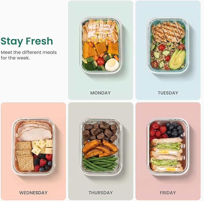 GENICOOK Glass Meal Prep Containers 5 Pack, 4.4 Cup Airtight Leakproof Lids, Borosilicate Glass Food Storage Containers, Microwave Oven Freezer Safe, BPA Free Lunch Containers