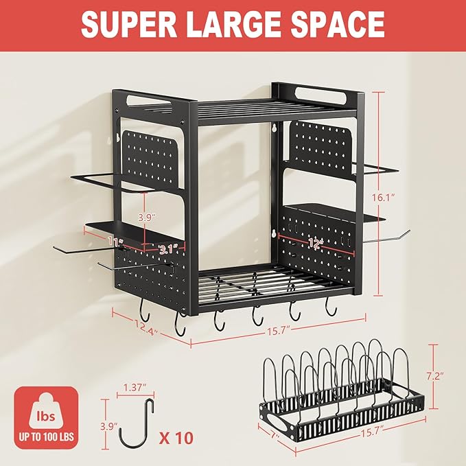 16 Inch Pot Rack Wall Mounted, 2-Tier Pots and Pans Organizer with 10 Hooks & Pan Organizer and Spice Rack, Heavy Duty Hanging Pot Hanger for Kitchen Cookware, Utensils, Black