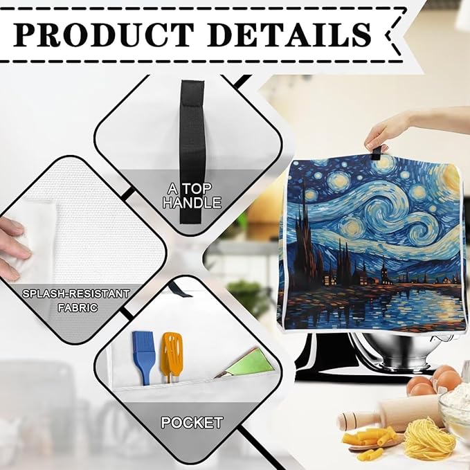 Van Gogh Starry Night Mixer Cover | Machine Washable Dust Protector with Carrying Handle | Kitchen Appliance Cover for 4.5-5 Quart Mixers, Coffee Makers & Juicers