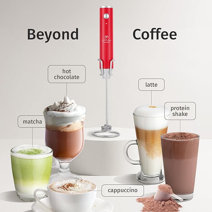 Zulay Kitchen Rechargeable Milk Frother Handheld - Frother Wand, Drink Mixer, Electric Whisk Frother, for Cappuccinos, Matcha & Protein Powder - Lux 4 Whisk 2 Speed Waterproof 2000mAh Red