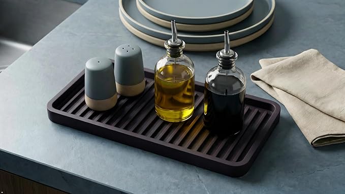 Silicone Kitchen Sink Organizer Tray, Sponge Holder and Countertop Protector | Bathroom and Kitchen Soap Dish and Dispenser Tray (Black, 10"x5.25")