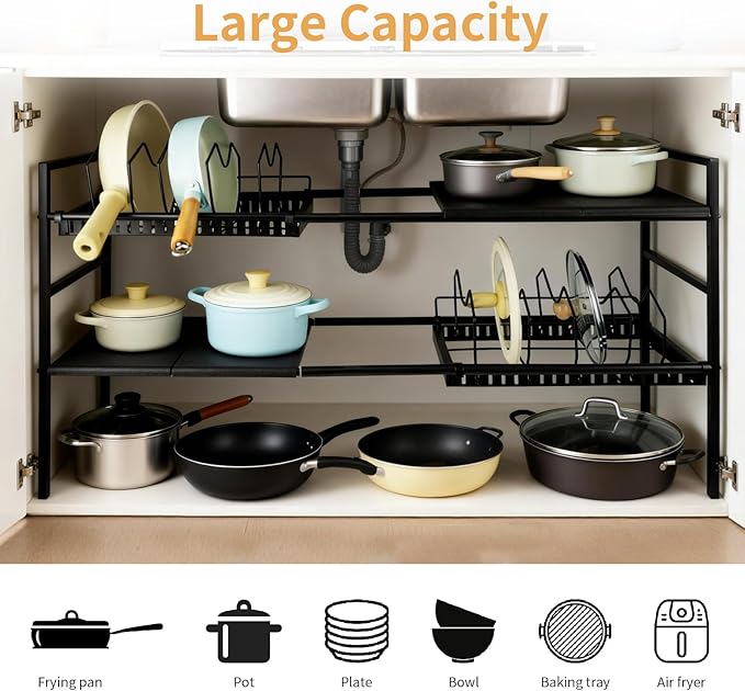 Pots and Pans Organizer Under Cabinet, Expandable Pots Organizers Inside Cabinet, Adjustable Height Under Sink Shelf 2 Tier with 10 Dividers Under Cabinet Shelf, Pot and Pan Lid Holder Rack (Black)