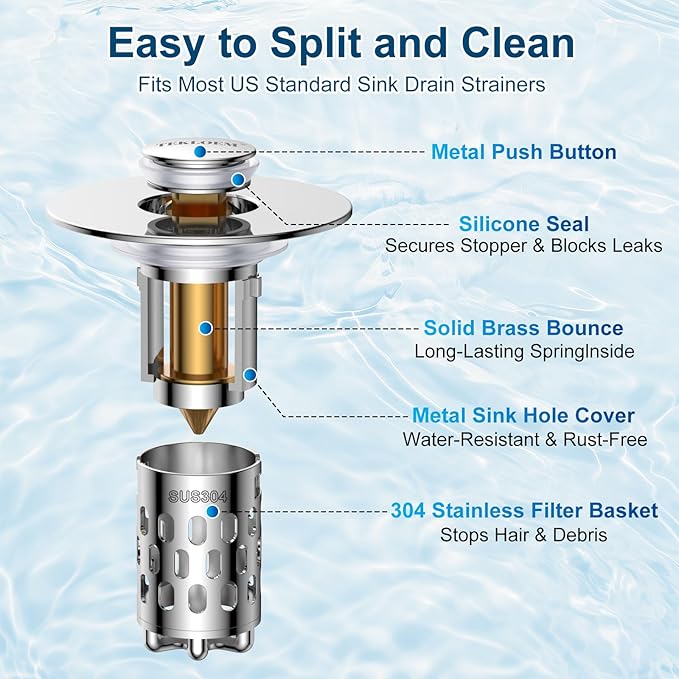 Bathroom Sink Drain Strainer,All Metal Pop-Up Sink Stopper with Removable Stainless Steel Filter Basket, Universal Bathroom Hair Catcher Fit for 1.1-2.36'' Drain (Silver, 2 Pack)