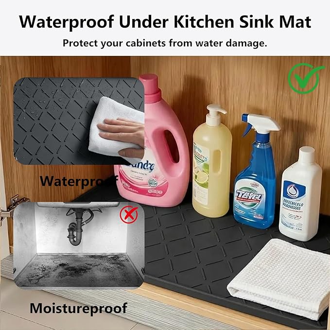 Mateeylife Under Sink Mats for Kitchen Waterproof 34"X22", Undersink Protectors，Silicone Mat Cabinet Liner, Under Sink Organizer for Bathroom and Kitchen，Boot Tray Pet Food Mat, Classic Black
