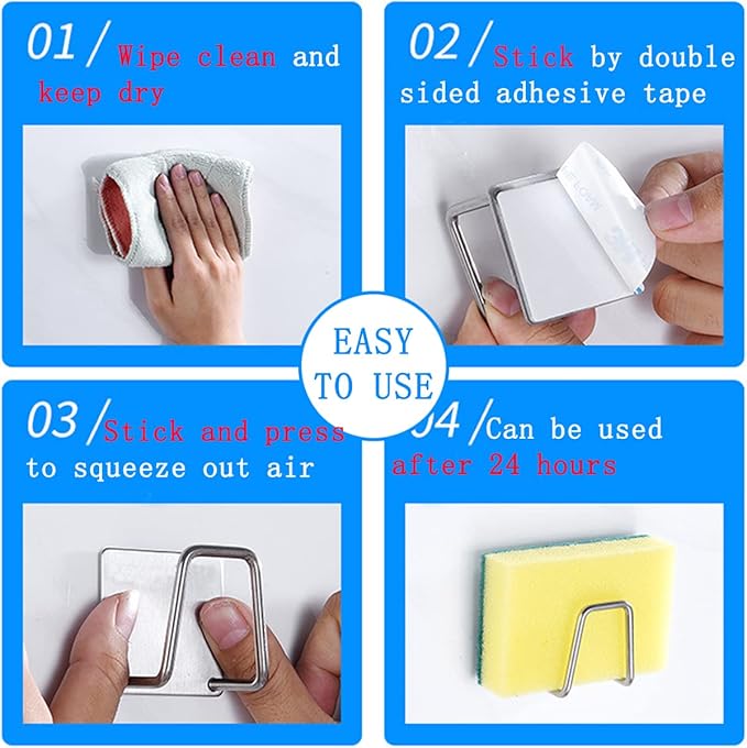 LYART 4Pcs Premium Sink Sponge Holder for Kitchen Sink Caddy Brush - SUS304 Stainless Steel Waterproof Rustproof Quick Drying Strong Self Adhesive (1. Silver X 4Pcs)