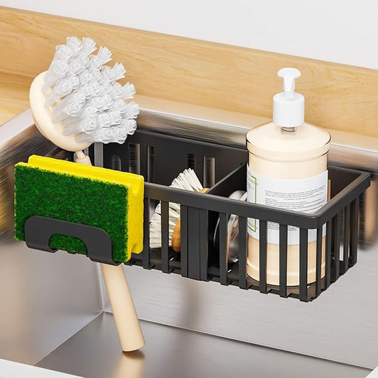 Yieach 3 in 1 Kitchen Sink Caddy Sponge Holder with Suction Cup and Adhesive,Plastic Rust-Proof kitchen Scrubber,Dish Scrub,Dish Soap Holder,Black Hanging Sponge Rack and In Sink Organizer Essentials