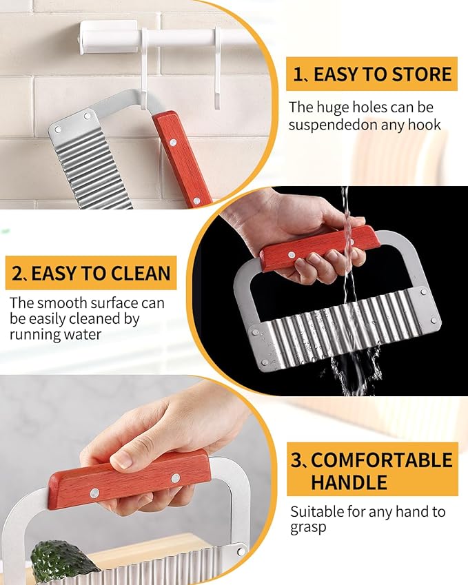 Crinkle Cutter Stainless Steel Potato Slicer Heavy Duty Wavy Crinkle Cutting Chopping French Fry Slicer 2 Pack Tools with Wooden Handle for Carrot Vegetable (Wood, 2)