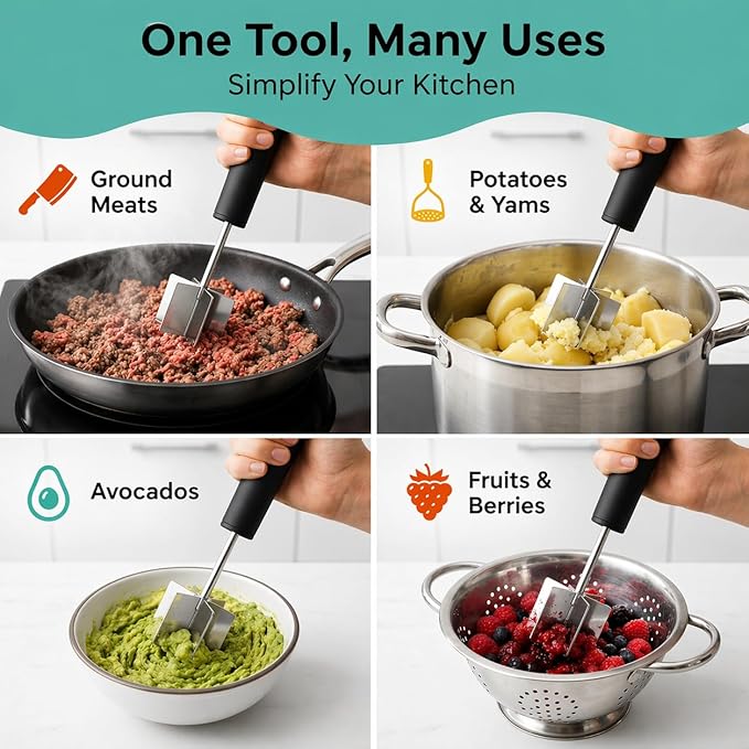 Large Stainless Steel Meat Chopper & Masher | 6-Blade Ground Beef Chopper Tool | Hamburger Smasher | Oversized Ergonomic Handle | Heat Resistant Grip | Dishwasher Safe - 10" (Midnight Plum 10")
