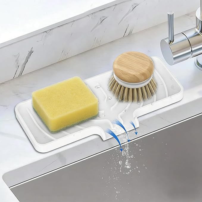 Silicone Sponge Holder for Kitchen Sink With Drain Spout, Self Draining, Kitchen Soap Tray, Bathroom Organizer, Sink Caddy (White, 10×4)