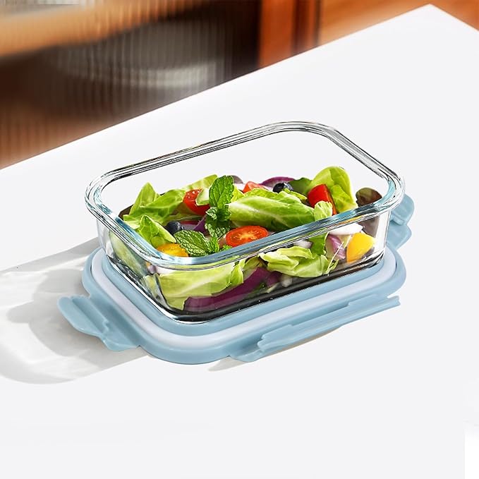 4Pack 13oz/0.37L Glass Meal Prep Containers with Lids, Glass Storage Containers with Lids, BPA-Free, Pantry Organizers and Storage, Freezer to Oven Safe (Light blue)