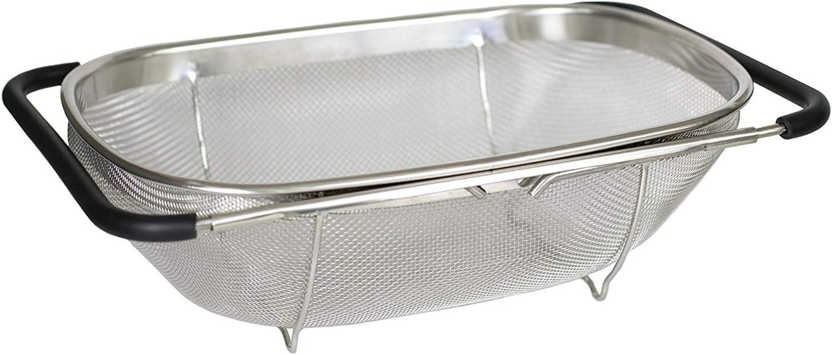 Over the Sink Colander with Expandable Rubber Grip Handles - Fine Mesh Oval Strainer in Stainless Steel -Drain, Rinse Fruits and Vegetables