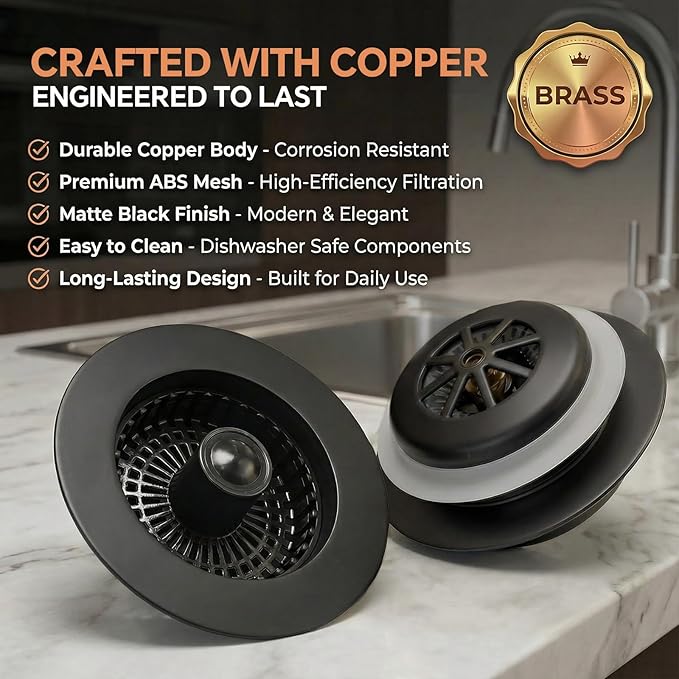 Kitchen Sink Stopper, 3 in 1 Pop Up Kitchen Sink Drain Strainer, with an Extra Basket Strainer, Sink Drain Stopper for US Standard 3-1/2 Inch, Brass Material Electroplate (Black 2pcs)