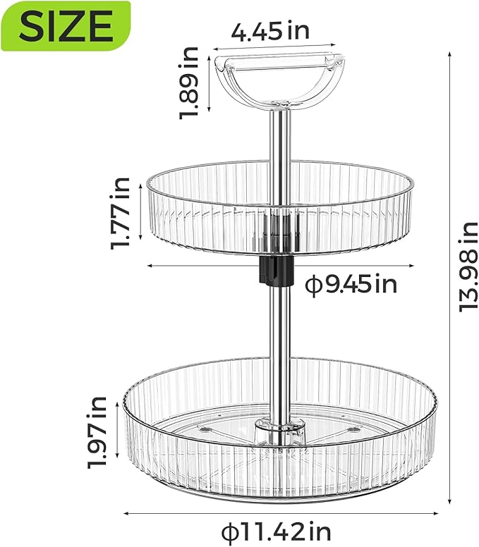 Lazy Susan Organizer – 2 Tier Rotating Spice Rack Turntable, 11.4" Plastic Spinning Organizer for Kitchen Cabinet Pantry Countertop Cupboard Bathroom Storage, Clear