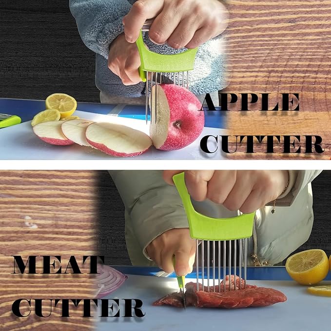Onion Holder for Slicing - Multi-Purpose Kitchen Tool for Safe and Efficient Slicing of Onions, Tomatoes, Potatoes, Apples, and More | Stainless Steel Vegetable Cutter & Meat Tenderizer 2 PCS