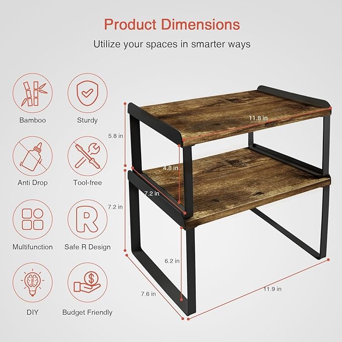 Goozii Kitchen Cabinet Organizers and Storage Shelves, Rustic Farmhouse Desk Shelf Riser for Cabinets, Black Expandable Corner Glasses Medicine Cabinet Organizer under Bathroom Sink - Set of 4