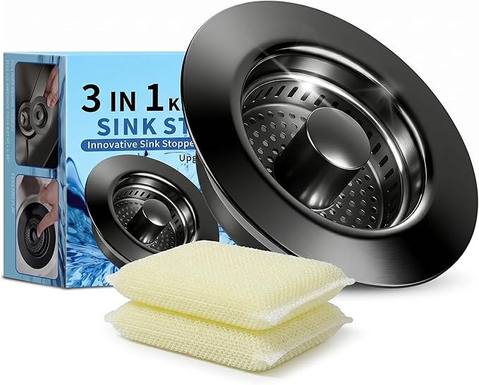 3-in-1 Kitchen Sink Drain Strainer & All-Purpose Sponges, 304 Stainless Steel Sink Stopper Pop-Up Drain Plug with Anti-Clogging Food Catcher Basket, Odor Blocker, Fits US Standard 3-1/2 Inch Sinks