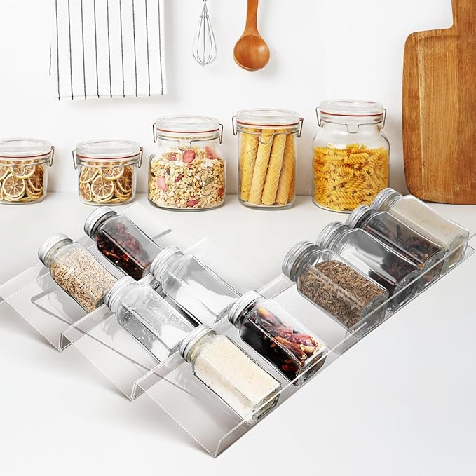 Cabilock 4 Pack Expandable Spice Drawer Organizer, Clear Acrylic 4-Tier Seasoning Rack Tray for Kitchen Drawers, Cabinets, Countertop, Pantry, Nail Polish and Small Bottles