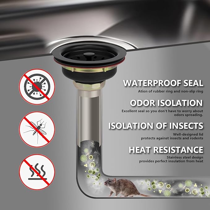 Uni-Green Matte Black Kitchen Sink Drain Kit for Standard 3-1/2 Inch Drain - Fit 1-1/2 inch Pipe - Stainless Steel Basket with Knob - Rubber Stopper Bottom - 3.5" Kitchen Sink Drain Replacement Kit