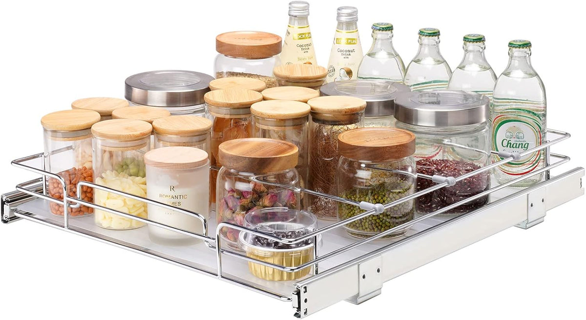 15.5" Wx21 Dx3.5 H Pull Out Cabinet Organizer, Heavy Duty Slide Out Pantry Shelves, Chrome-Plated Steel Roll Out Drawers, Storage for Home Under Sink, 17" Wx22 Dx7 H Install Size for Cabinet