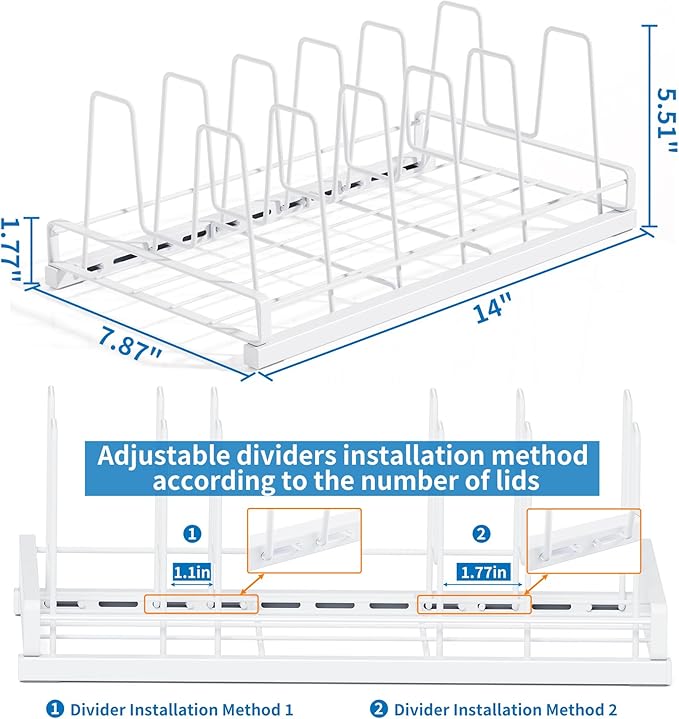 Food Container Lid Organizer, Adjustable 6 Dividers Full-Metal Pot and Pan Organizer Rack for Kitchen Cabinets, Drawers, Cupboards, Pantry Shelves Storage, White