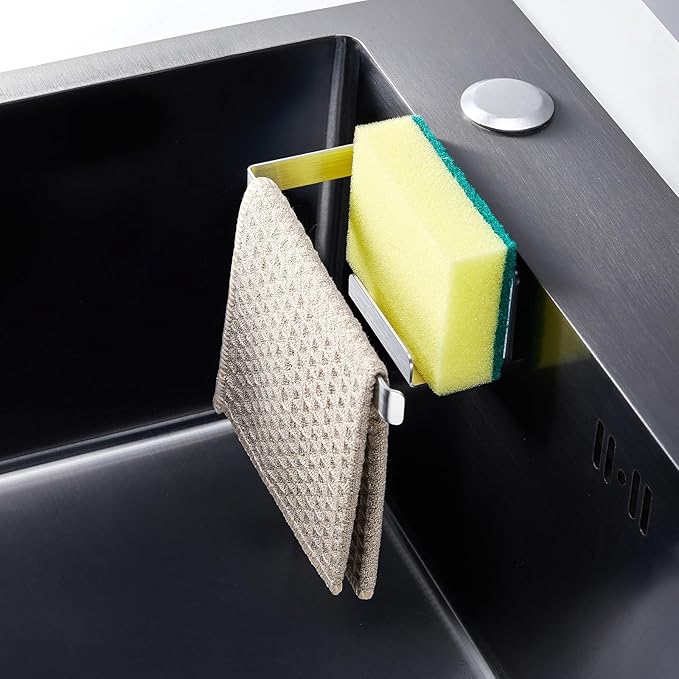 Sponge Holder for Kitchen Sink, Adhesive Dishcloth Holder, Dish Sponge Kitchen Sink Caddy 2 In 1, Metal Dishcloth Racks Sink for Dishcloths, Sponges, Brushes and Glove (Sliver)