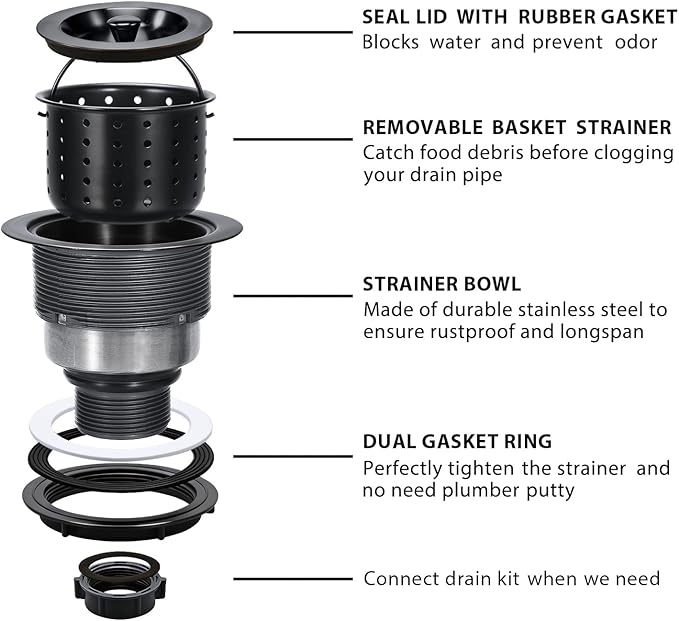 Kitchen Sink Drain 3-1/2 Inch Black Sink Drain Assembly Kit, Removable Deep Sink Strainer Basket with Sink Stopper/Sealing Lid for Home, Kitchen, Stainless Steel