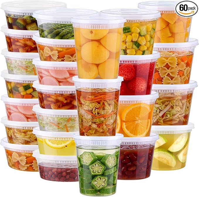 Lamosi 60 Sets Deli Containers with Lids, 8/16/32 oz Quart Containers BPA Free, Airtight Takeout Plastic Food Storage Container, Stackable Leakproof Microwave & Freezer Safe for Soup, Sauce & Leftover
