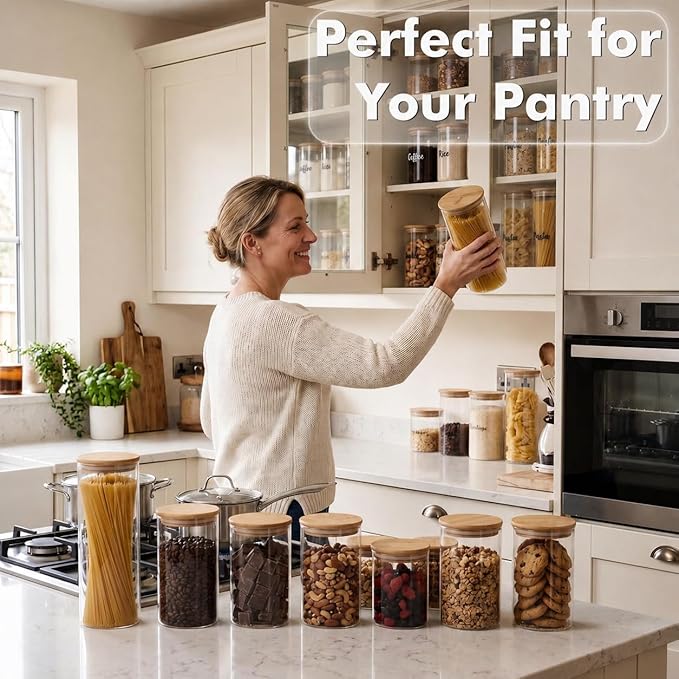6-Pack 0.6Qt Small Round Glass Storage Jars with Bamboo Lids, Pantry Storage Containers for Neat Organization, Ideal for Minimalist Kitchen Organizer, Nut, Coffee Beans, Cookie, Candy, Tea