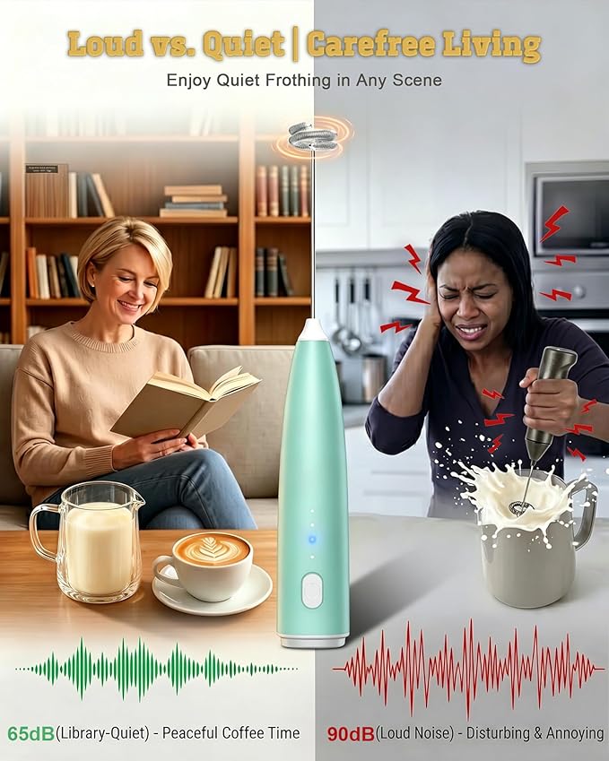 Portable Milk Frother Handheld,Electric Drink Mixer & Wand, 3 Detachable Stainless Steel Whisks, 3 Adjustable Speeds Quiet, USB C Rechargeable for Coffee, Latte, Matcha, Home & Kitchen (Light green)