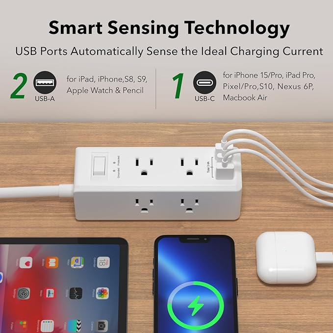 Clear Power 6-Outlet Surge Protector Power Strip with 3 USB Ports(1 USB-C), 5ft Power Cord, Flat Plug, Multi Outlets on 3 Sides, Desktop Charging Station, White, DC3S-1106-DC
