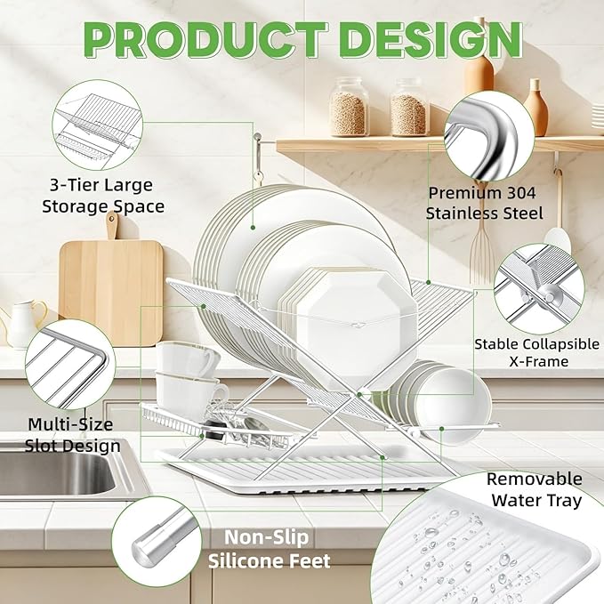 Over The Sink Dish Drying Rack, Collapsible 3 Tier Dish Racks for Kitchen Counter, Stainless Steel Large Capacity Space-Saving Sink Shelf Organizer with Utensil Holder and Drainboard (Upgraded)