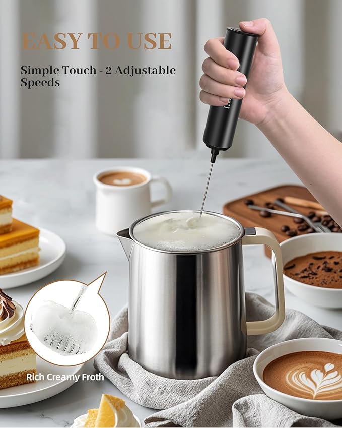 INFOOD Milk Frother Rechargeable with Cover - Coffee Frother Wand, Drink Mixer Handheld with 2 Detachable Stainless Whisks 2 Speed Adjustable for Latte, Cappuccino, Hot Chocolate, Egg, Black