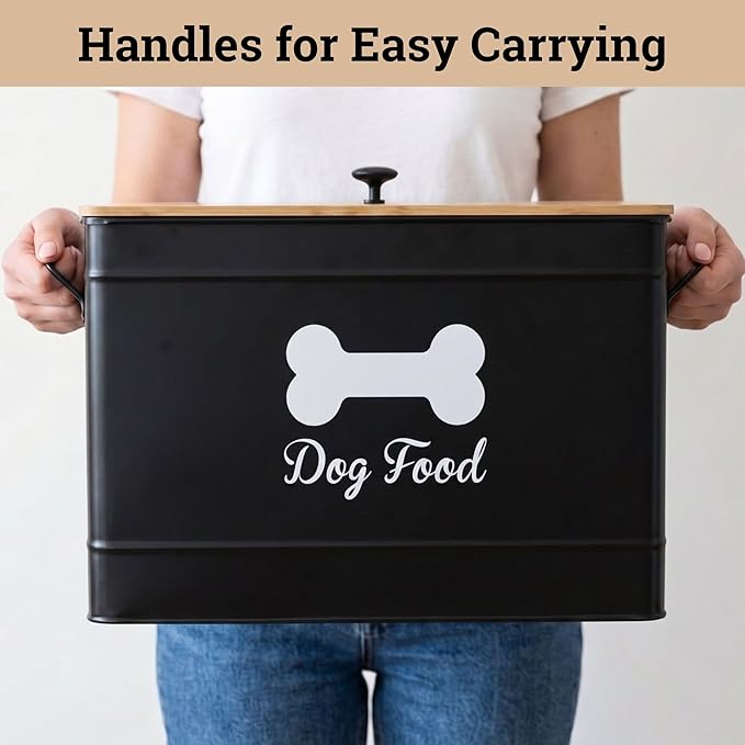 Dog Food Container Airtight 15-20 lb (70 Cup) Capacity with Metal Scoop - Cute Airtight Dog Food Storage Container with Bamboo Lid - Black Metal Kibble Storage Bin for Dogs up to 100 lbs - Big Pet Jar