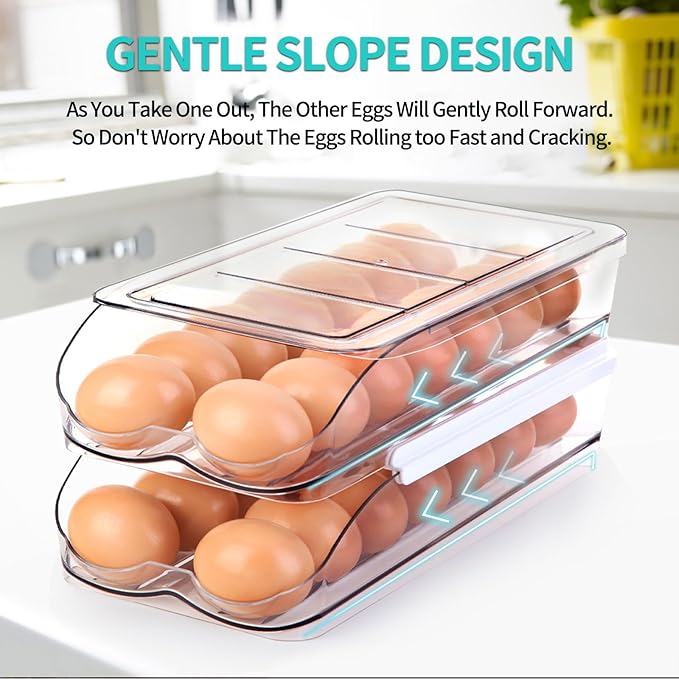 RoskDeewat Egg Holder for Fridge, Automatic Rolling Egg Container for Refrigerator, Stackable Fridge Organizers and Storage with Lid, Clear Plastic Egg Dispenser,Bin & Tray (1 Tier)
