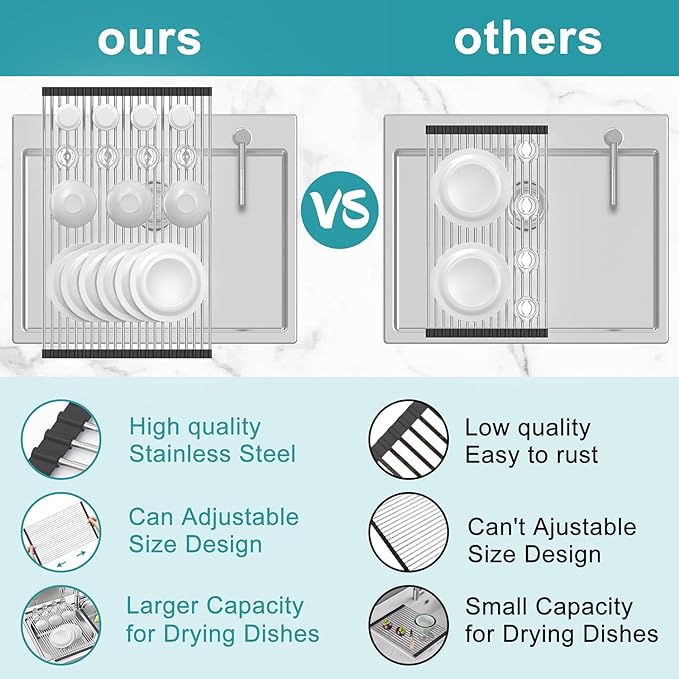 BBXTYLY Extra Large Expandable Roll Up Dish Drying Rack,Over The Sink Drying Rack Sink Cover Kitchen Sink Accessories Kitchen Rolling up Stainless Steel Drainer, Foldable,Rollable（Black，22.8''-17.3''）