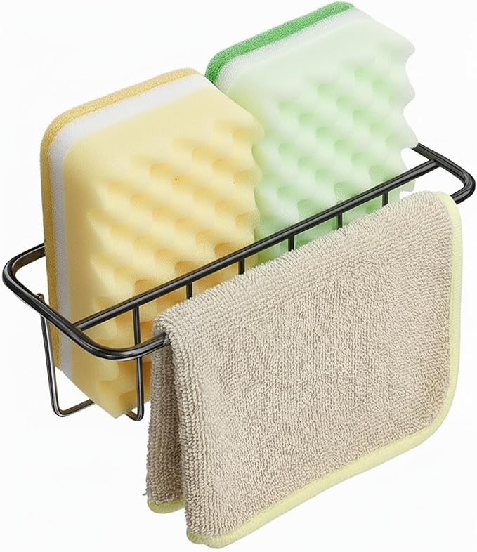 KESOL Adhesive Kitchen Sink Sponge Holder + Dish Cloth Hanger + Soap Holder, 2-in-1 Kitchen Sink Caddy, 304 Stainless Steel Rust Proof, Water Proof, No Drilling (Black)