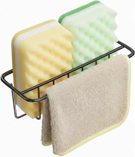 Adhesive Kitchen Sink Sponge Holder + Dish Cloth Hanger + Soap Holder, Black