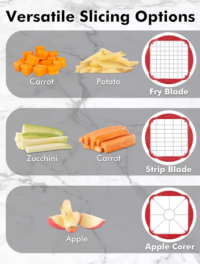 French Fry Cutter, Professional Home Style Onion Chopper, Vegetable Chopper Dicer Manual, Easy to Clean, Ultra Sharp Blades Thick-Strip Fry Cutter Apple Slicer and Corer, 3 Blades