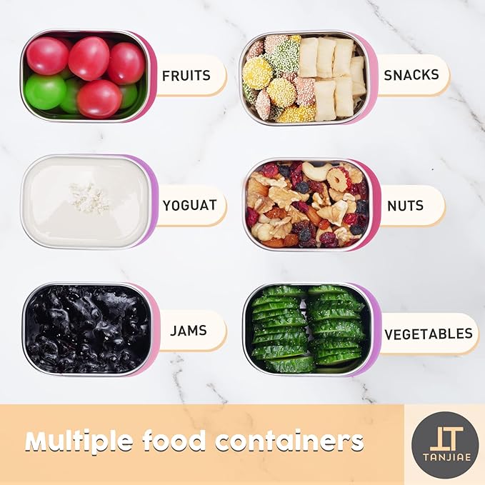 Tanjiae Small (1 CUP) Stainless Steel Snack Containers for Kids | Easy Open Leak Proof Food Containers with Silicone Lids - Perfect Metal Toddler Lunch Box for Daycare and School (8oz)