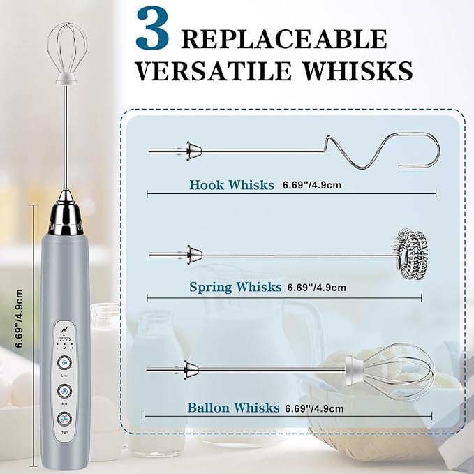 BSRGMS Milk Frother Handheld for Coffee, Electric Whisk 3 Speed Adjustable, Drink Mixer with Stainless 3 Whisks, Rechargeable Hand Frother Wand, for Latte Cappuccino Hot Chocolate Egg Cement Gray