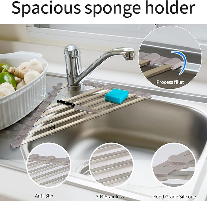 Triangle Dish Drying Rack for Sink Corner Roll Up Dish Drying Rack Folding Stainless Steel Multipurpose Over The Sink Corner Dish Drainer Mat for Kitchen (Hard and Stable Grey)