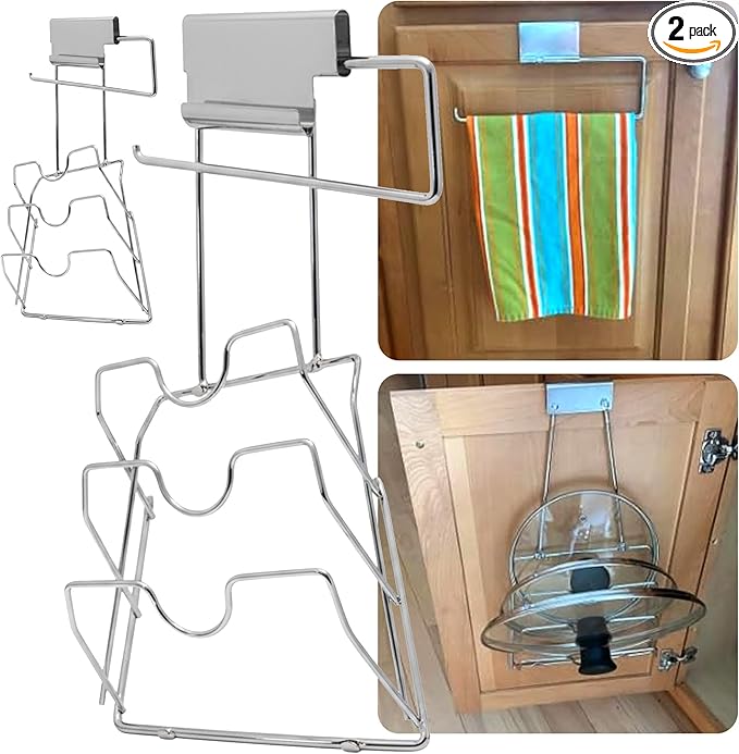 Evelots 2-in-1 Pot Lid Organizer with Towel Holder - 2 Pack, 3-Tier Cabinet Door Rack - Space-Saving Kitchen Organizer for Glass or Metal Pan Lids & Towels - Over the Door Design - Chrome