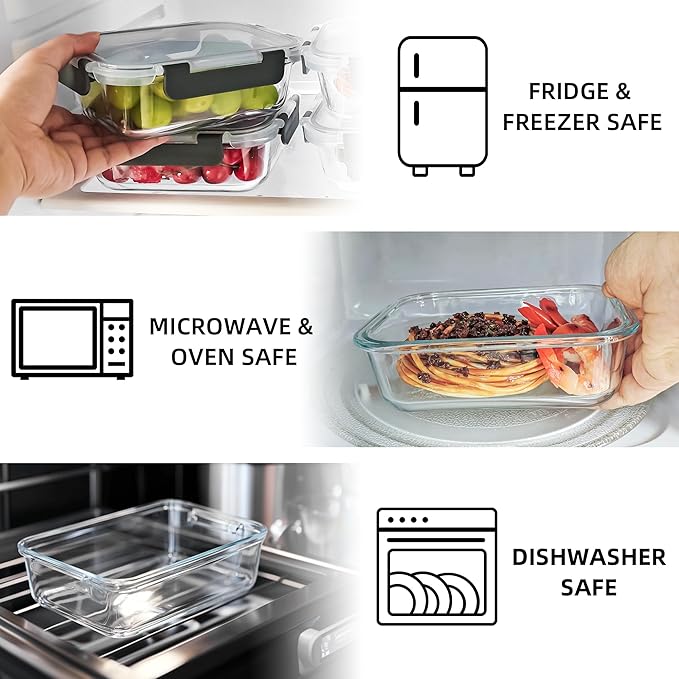 10 Pack 22 oz Glass Meal Prep Containers, Food Storage Containers with Lids, Airtight Leakproof Lunch Containers for Kitchen, Freezer, Microwave, Dishwasher Safe (Grey)