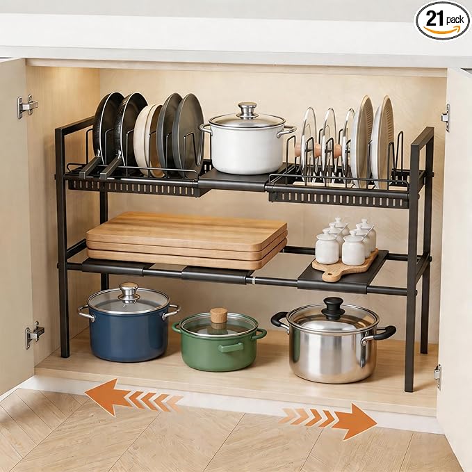 Pots and Pans Organizer Under Cabinet, Expandable Pots Organizers Inside Cabinet, Adjustable Height Under Sink Shelf 2 Tier with 10 Dividers Under Cabinet Shelf, Pot and Pan Lid Holder Rack (Black)