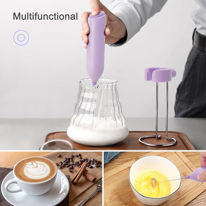 Rechargeable Coffee Frother by ELMWAY, Electric Milk Frother with Charging Stand & Wall Mount, Handheld Drink Mixer, Foam Maker for Coffee, Matcha - Purple
